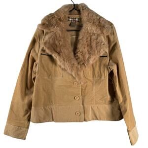 Vintage Y2K 90s Twenty Twenty Corduroy Real Rabbit Fur Beige Button Up Jacket L